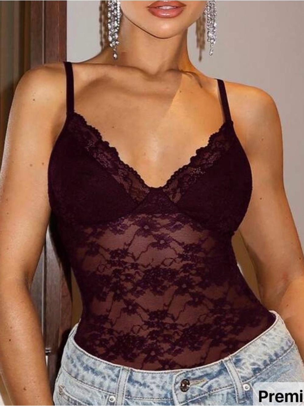 Lace Sheer Bodysuit Camisole – burgundy
